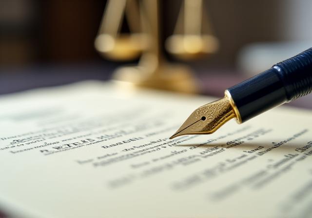 Close-up of a legal document with a weighted brass scale in the background