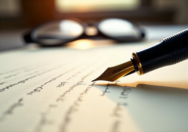 Close up of a luxury fountain pen on top of a legal document with a pair of spectacles nearby